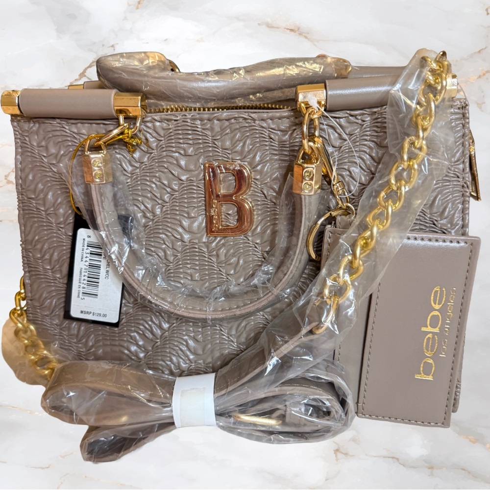 bebe Original Packaging Nola Satchel & Credit Card Holder Light Taupe